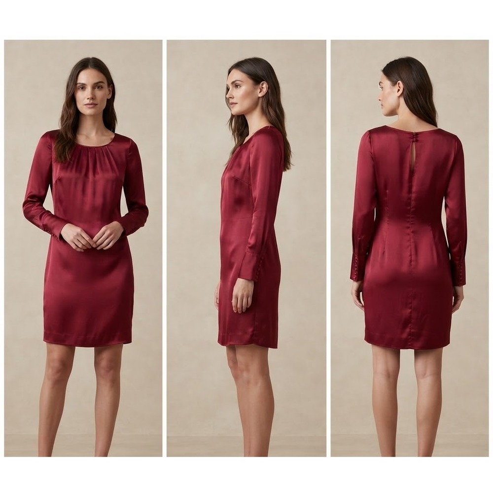 Banana Republic Sheath Dress Womens 0 Maroon Red Silk Satin Pleated Long Sleeve